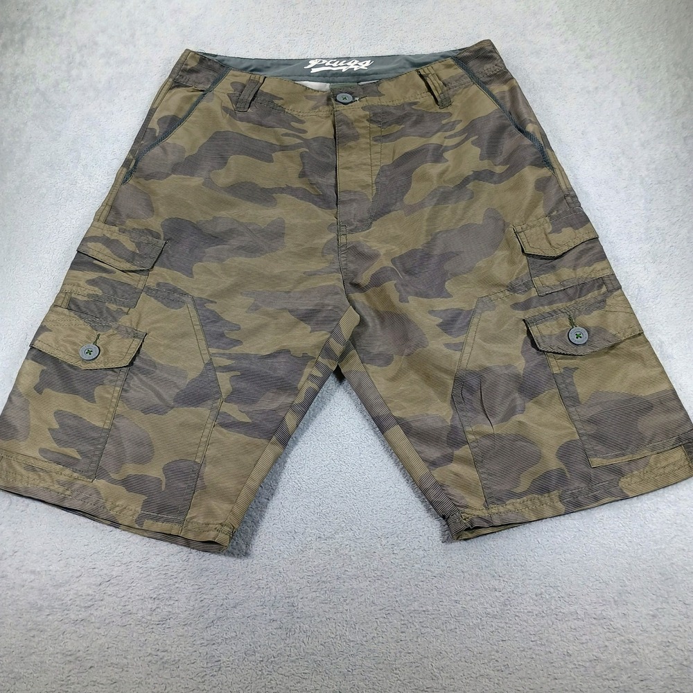 Plugg Mens Cargo Shorts Camouflage Green 31 Multi-Pocket Utility Wear